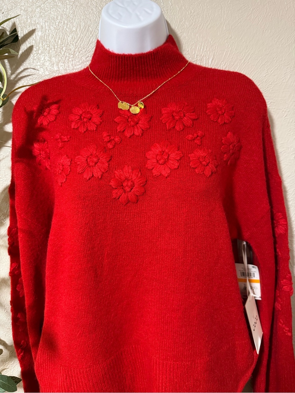 CeCe Red Floral Mock Neck Sweater